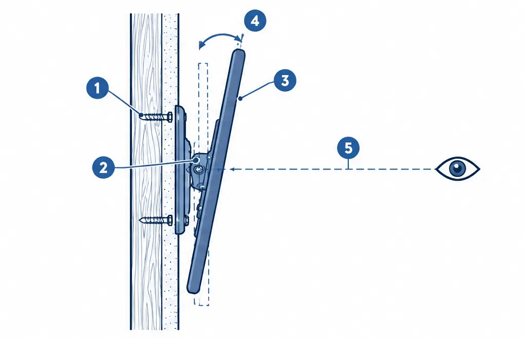 Diagram: side section of a tilting TV mount angling the screen down