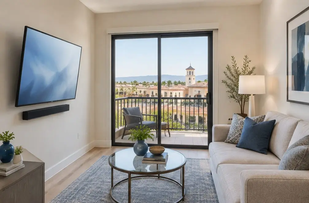Illustration: a wall-mounted TV in a typical Savi Ranch home